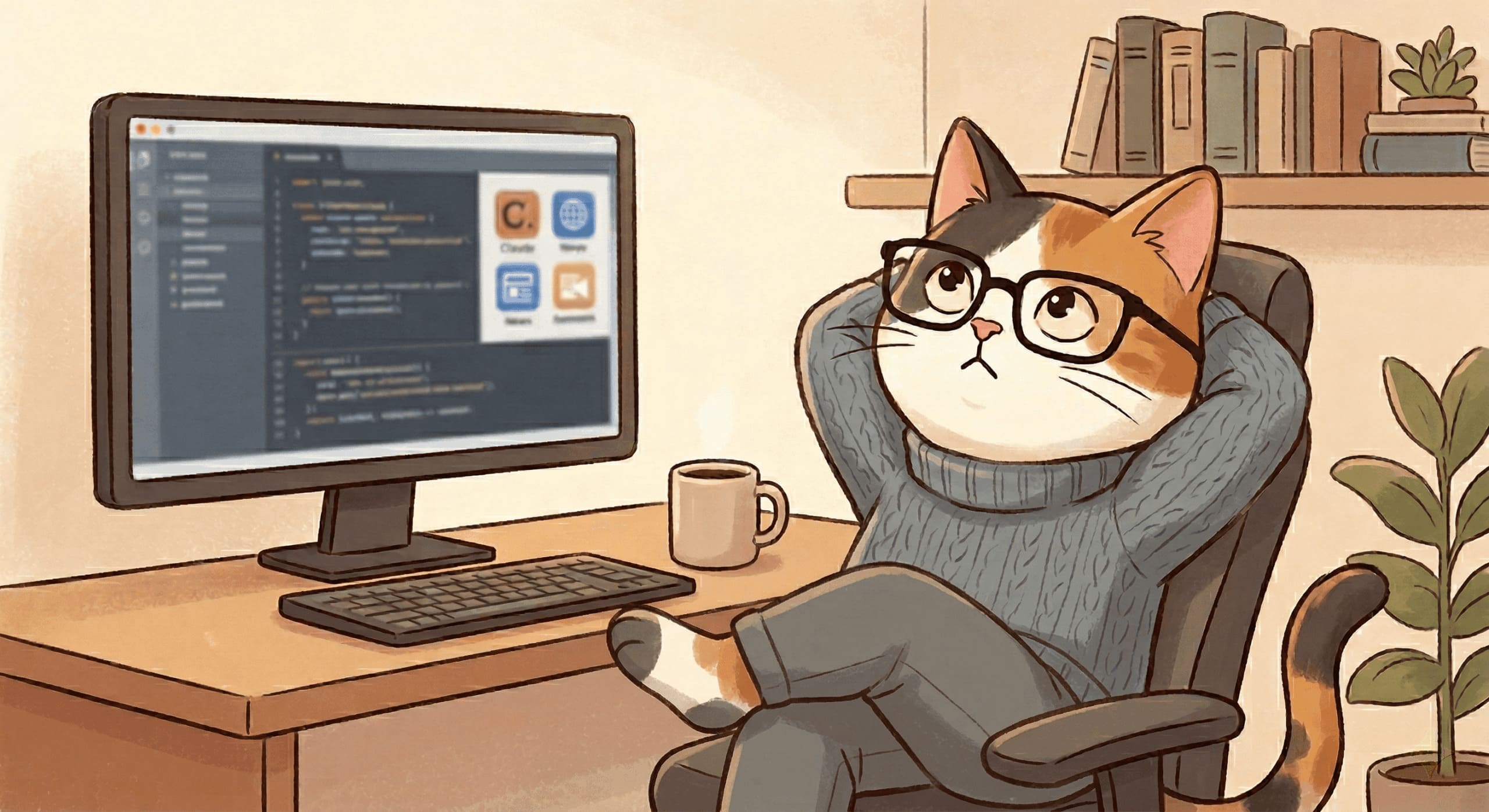 眼鏡をかけた猫が、パソコンのある仕事場でくつろぐイラスト